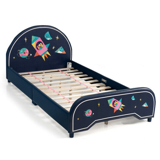 Kids Twin Size Upholstered Platform Bed with Rocket Pattern - Minihomy