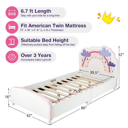 Kids Twin Size Upholstered Platform Wooden Bed with Rainbow Pattern - Minihomy