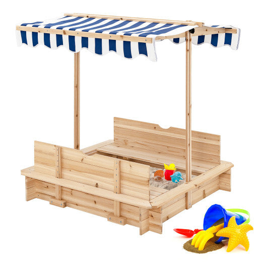 Kids Wooden Sandbox with Canopy and Bench Seats - Color: Blue - Minihomy