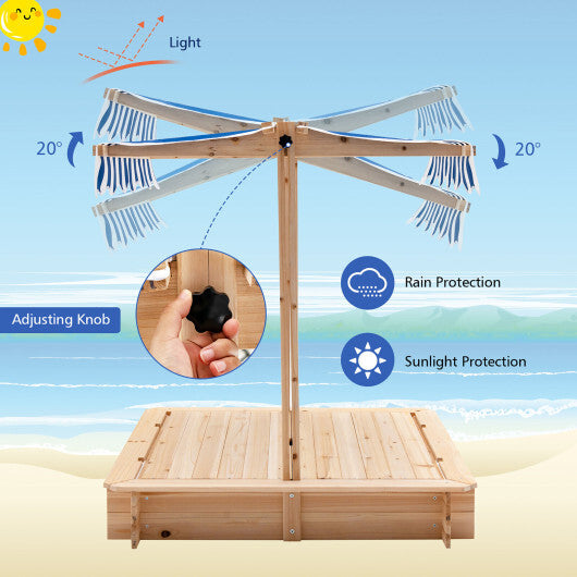 Kids Wooden Sandbox with Canopy and Bench Seats - Color: Blue - Minihomy