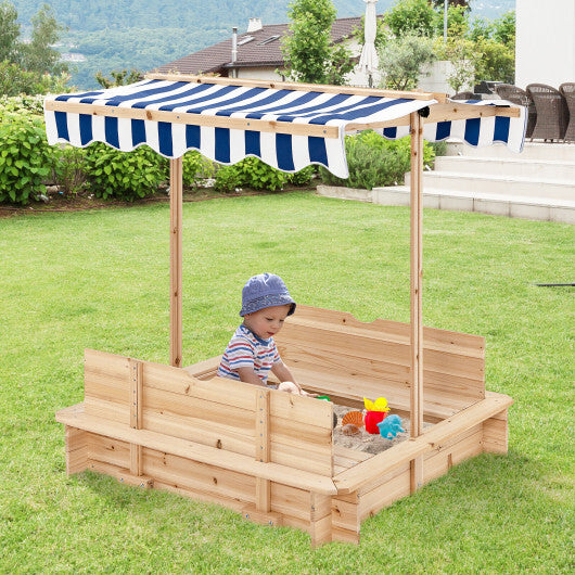 Kids Wooden Sandbox with Canopy and Bench Seats - Minihomy