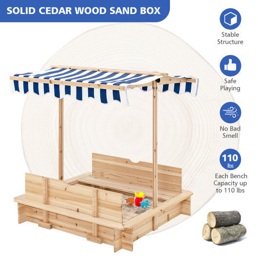 Kids Wooden Sandbox with Canopy and Bench Seats - Minihomy