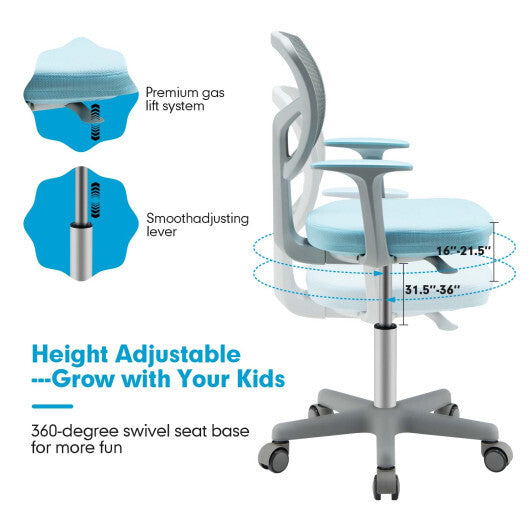 Adjustable Desk Chair with Auto Brake Casters for Kids-Blue - Color: Blue - Minihomy