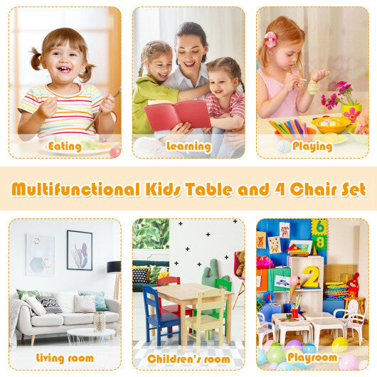 5 pcs Kids Pine Wood Multicolor Table Chair Set  - Color: Deep Multicolor - Minihomy