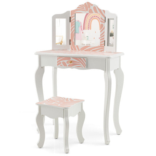 2-in-1 Kids Vanity Table Set with Tri-folding Mirror-Pink - Color: Pink - Minihomy