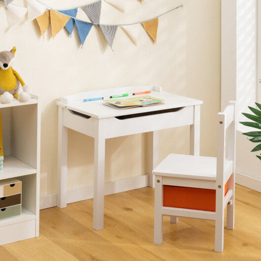 Wood Activity Kids Table and Chair Set with Storage Space-White - Color: White