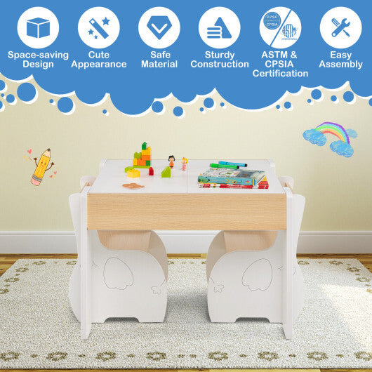 4-in-1 Wooden Activity Kids Table and Chairs with Storage and Detachable Blackboard-White - Color: White - Minihomy