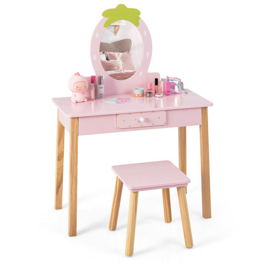 2-in-1 Children Vanity Table Stool Set with Mirror-Pink - Color: Pink - Minihomy