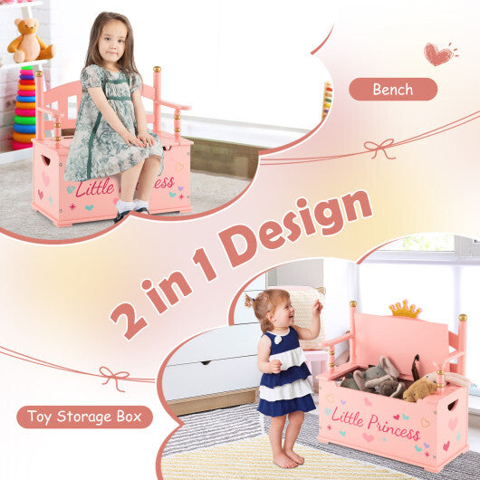 2-In-1 Kids Princess Wooden Toy Box with Safe Hinged Lid-Pink - Color: Pink - Minihomy