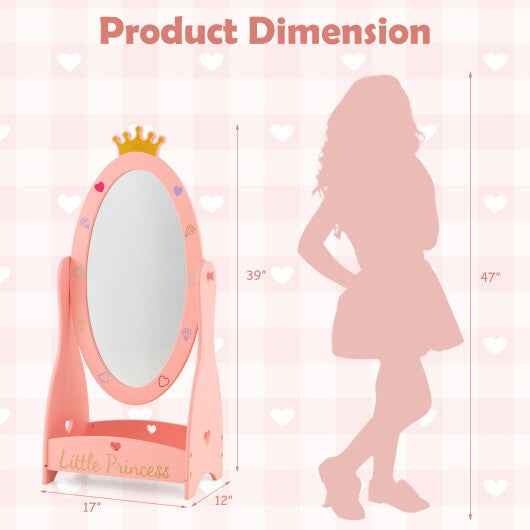 Kids Full Length Mirror with 360 Degree Rotatable Design and Shelf-Pink - Color: Pink - Minihomy