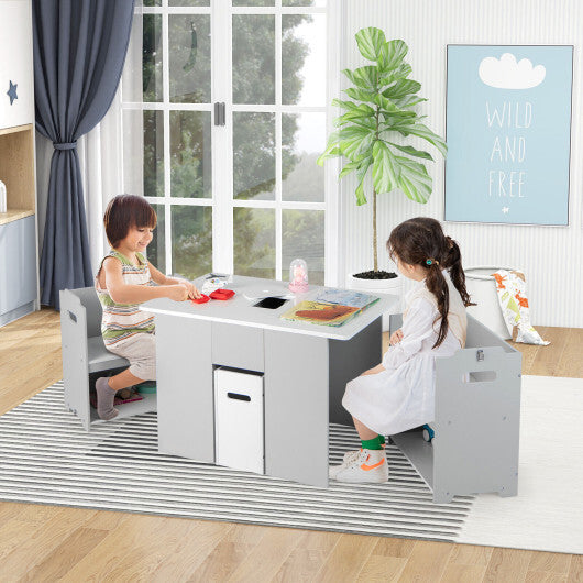 4-in-1 Kids Table and Chairs with Multiple Storage for Learning-Gray - Color: Gray - Minihomy