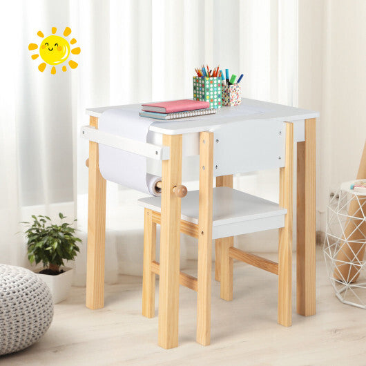 Kids Art Table and Chair Set with Drawer Paper Roll and 2 Markers-White - Color: White - Minihomy