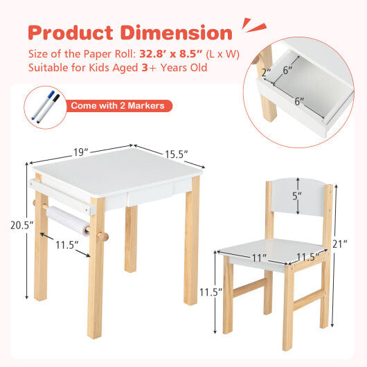 Kids Art Table and Chair Set with Drawer Paper Roll and 2 Markers-White - Color: White - Minihomy