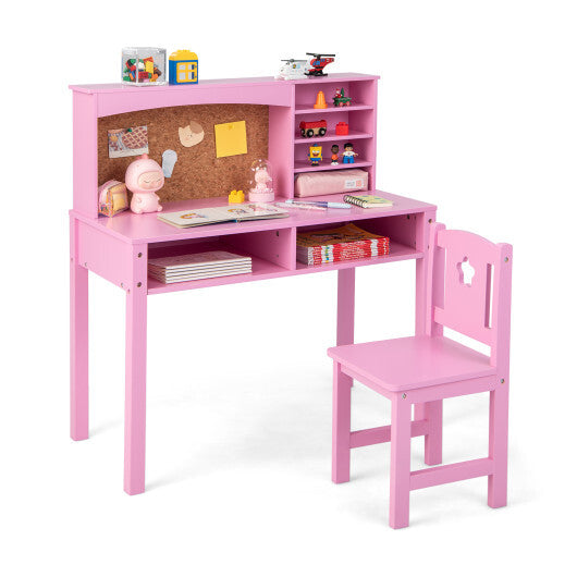 Kids Desk and Chair Set with Hutch and Bulletin Board for 3+ Kids-Pink - Color: Pink - Minihomy