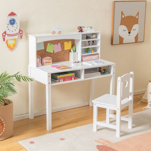 Kids Desk and Chair Set with Hutch and Bulletin Board for 3+ Kids-White - Color: White - Minihomy