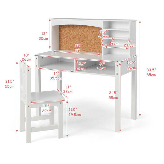 Kids Desk and Chair Set with Hutch and Bulletin Board for 3+ Kids-White - Color: White - Minihomy