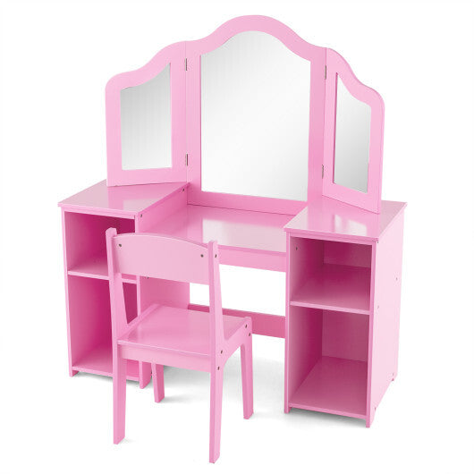 Kids Vanity Table and Chair Set with Removable Tri-Folding Mirror-Pink - Color: Pink - Minihomy