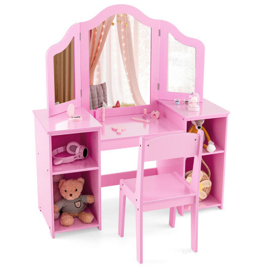 Kids Vanity Table and Chair Set with Removable Tri-Folding Mirror-Pink - Color: Pink - Minihomy