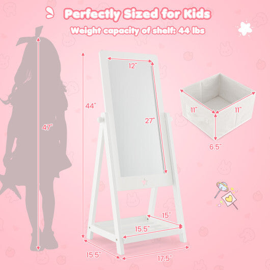 Kids Full Length Wooden Standing Mirror with Bottom Shelf and Foldable Storage Bin-White - Color: White - Minihomy