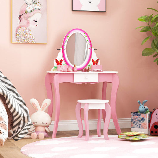 Kids Vanity Table and Stool Set with 360? Rotating Mirror and Whiteboard-Pink - Color: Pink - Minihomy