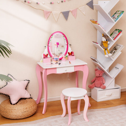 Kids Vanity Table and Stool Set with 360? Rotating Mirror and Whiteboard-Pink - Color: Pink - Minihomy