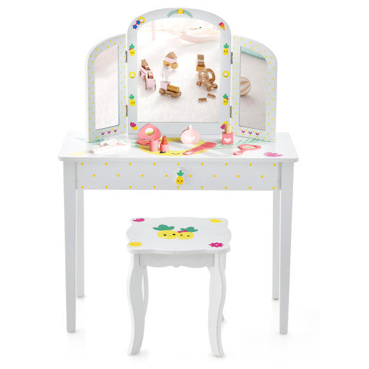 Kids Vanity Table Set with Tri-Folding Mirror and Large Drawer-White - Color: White - Minihomy