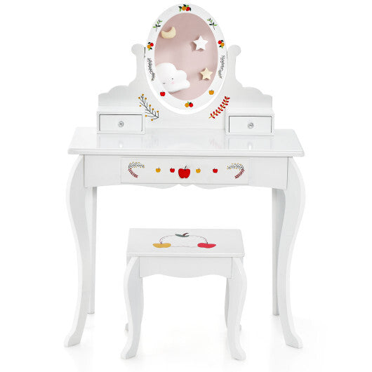 Kids Vanity and Stool Set with 360? Rotatable Mirror and Whiteboard-White - Color: White - Minihomy