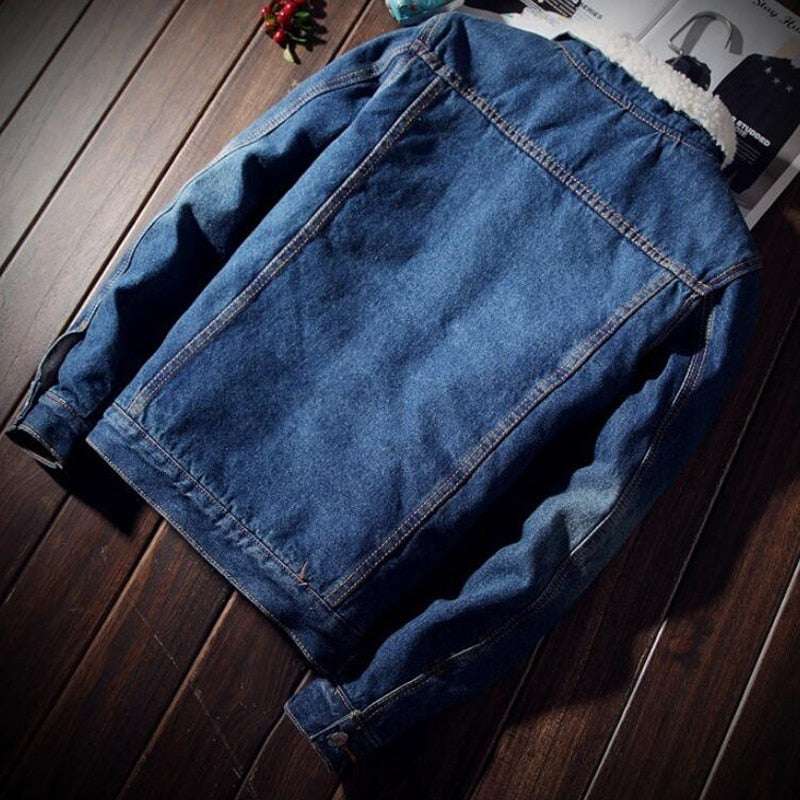 Denim Bomber Jacket with Fur Men Black High Quality Jeans Jacket - Minihomy