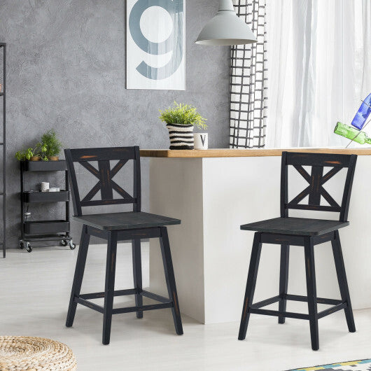 Set of 2 Swivel Counter Height Bar Stools with Solid Wood Legs-Black