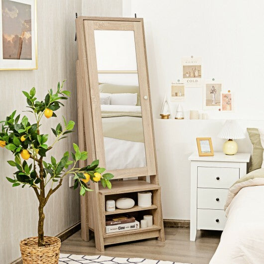 2-in-1 Wooden Cosmetics Storage Cabinet with Full-Length Mirror and Bottom Rack - Minihomy