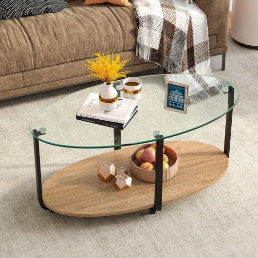 2-Tier Glass-Top Oval Coffee Table with Wooden Shelf for Living Room - Minihomy