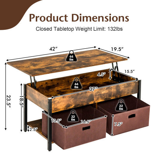 Lift Top Coffee Table Central Table with Drawers and Hidden Compartment for Living Room-Rustic Brown - Minihomy