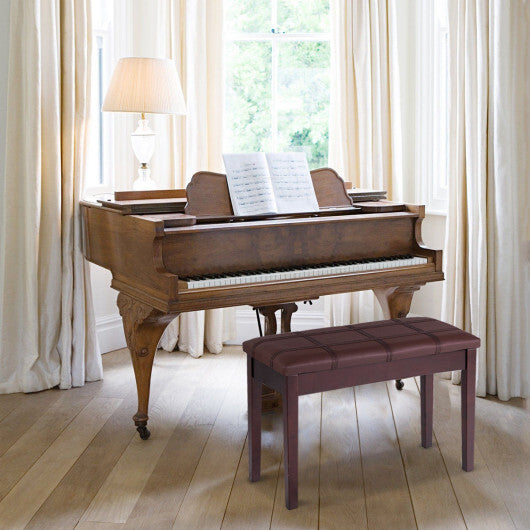 Solid Wood PU Leather Piano Double Duet Keyboard Bench-Brown - Color: Brown