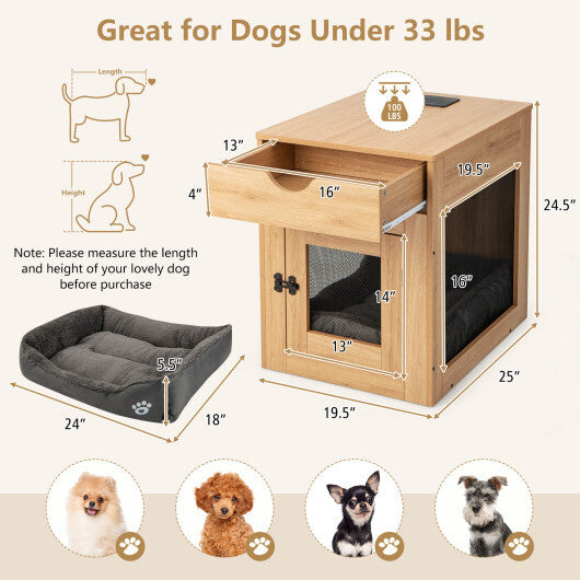 Furniture Style Dog Kennel with Drawer and Removable Dog Bed-Natrual - Color: Natural - Minihomy