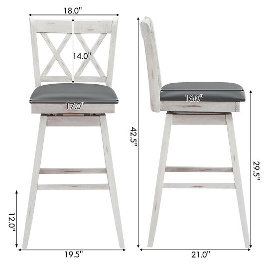 2 Pieces 29 Inches Swivel Counter Height Barstool Set with Rubber Wood Legs-White - Minihomy