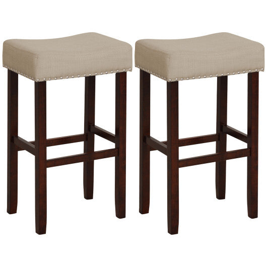 2 Set of 29 Inch Height Upholstered Bar Stool with Solid Rubber Wood Legs and Footrest-Beige - Color: Beige - Minihomy