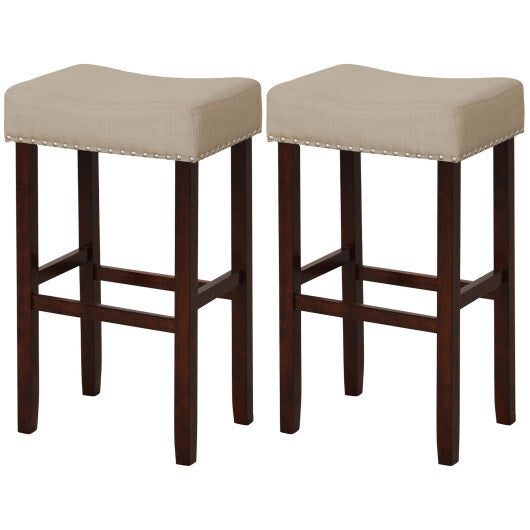 2 Set of 29 Inch Height Upholstered Bar Stool with Solid Rubber Wood Legs and Footrest-Beige - Color: Beige - Minihomy