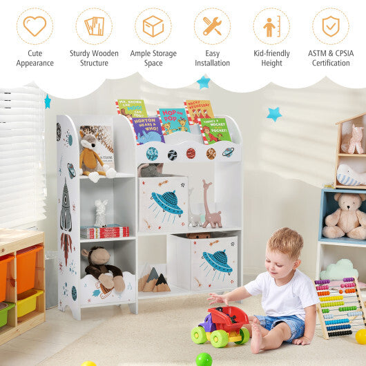 Kids Toy and Book Organizer Children Wooden Storage Cabinet with Storage Bins - Color: White - Minihomy