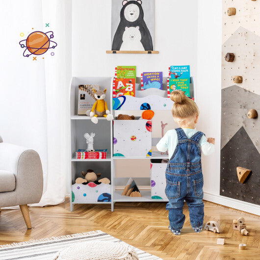 Kids Toy and Book Organizer Children Wooden Storage Cabinet with Storage Bins - Color: White - Minihomy