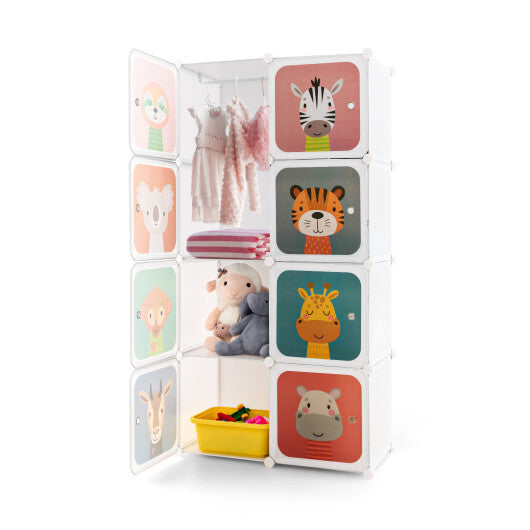 8 Cube Kids Wardrobe Closet with Hanging Section and Doors-8 Cubes - Color: White - Size: 8 Cubes - Minihomy