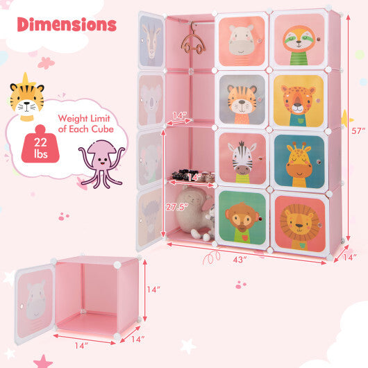 12 Cube Kids Wardrobe Closet with Hanging Section and Doors-Pink - Color: Pink - Minihomy