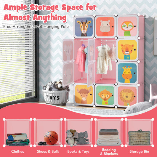 12 Cube Kids Wardrobe Closet with Hanging Section and Doors-Pink - Color: Pink - Minihomy