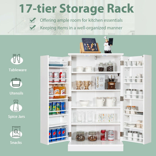 17-Tier Kitchen Pantry Cabinet with 2 Doors and 6 Adjustable Shelves-White - Minihomy