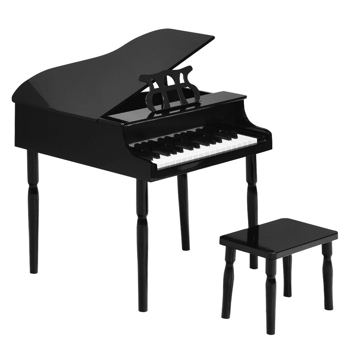 30-Key Wood Toy Kids Grand Piano with Bench & Music Rack-Black - Color: Black - Minihomy