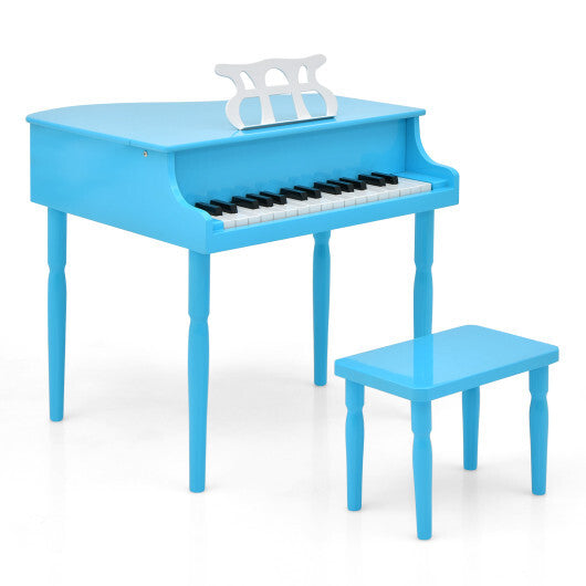 30-Key Wood Toy Kids Grand Piano with Bench and Music Rack-Blue - Color: Blue - Minihomy