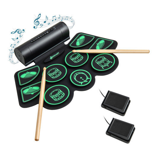 Electronic Drum Set with 2 Build-in Stereo Speakers for Kids-Green - Color: Green - Minihomy