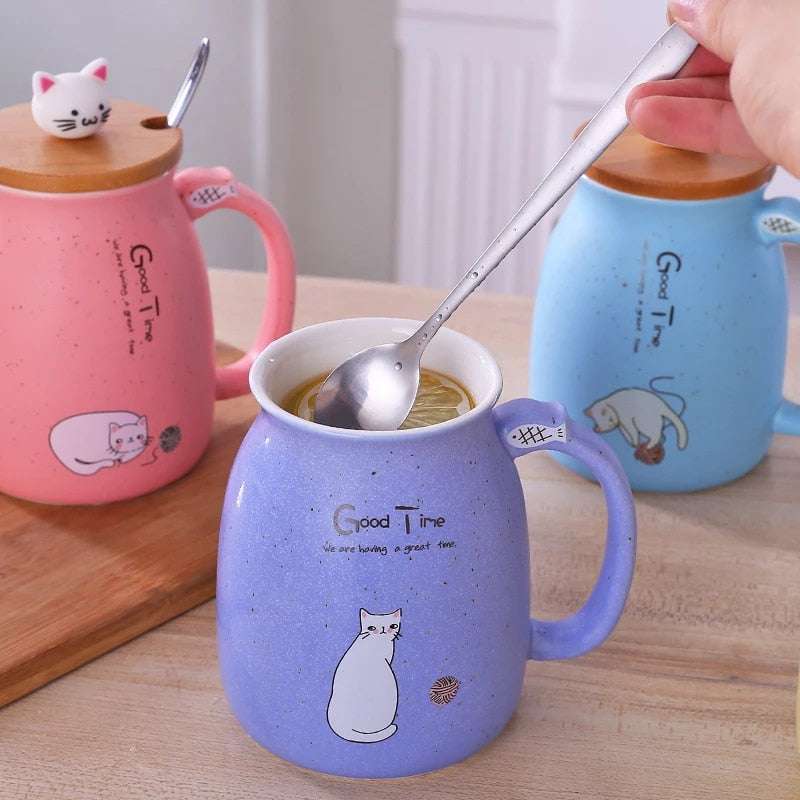 Heat-resistant Cup Cartoon with Lid Cup Kitten Milk Coffee Ceramic Mug Children Cup Office Gifts - Minihomy