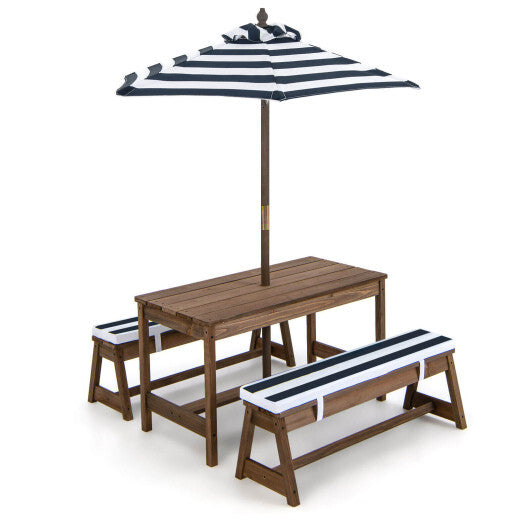 Kids Picnic Table and Bench Set with Cushions and Height Adjustable Umbrella-Blue - Color: Blue - Minihomy