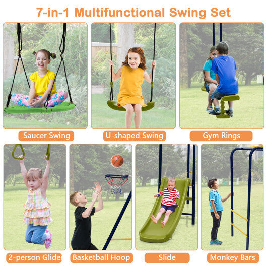 7-in-1 Stable A-shaped Outdoor Swing Set for Backyard - Color: Blue - Minihomy