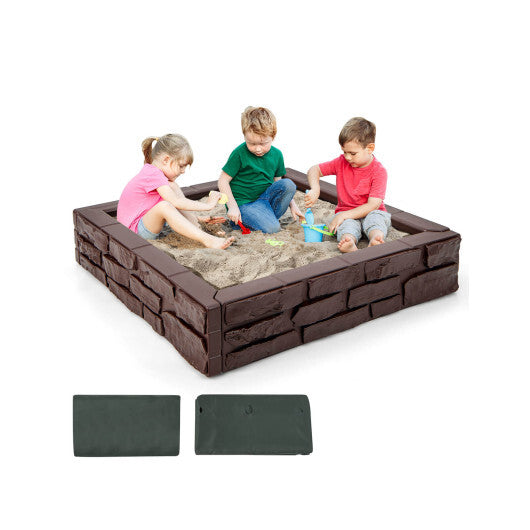 2-In-1 HDPE Kids Sandbox with Cover and Bottom Liner-Brown - Color: Brown - Minihomy